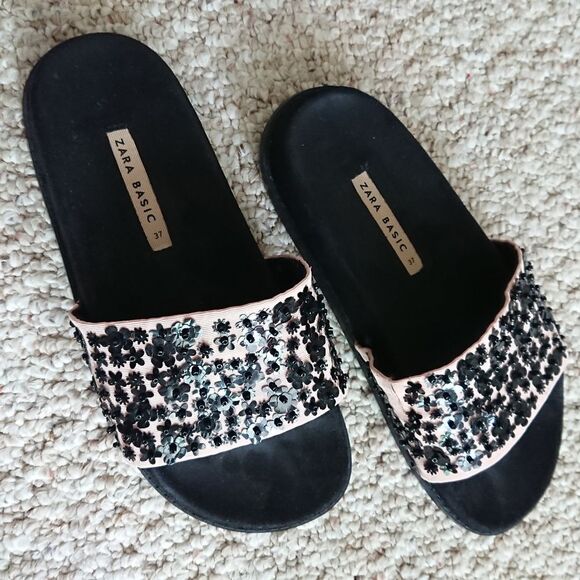 Zara Black Beaded Platform slide Sandals size 37 - Picture 1 of 9